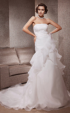 trompeta / sirena cariño en cascada volantes vestido de boda de la catedral de tren de organza