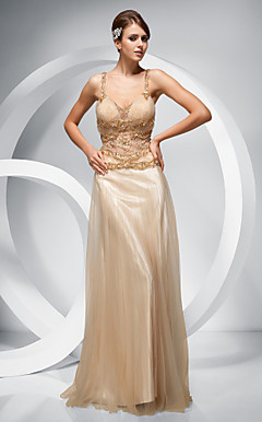 Sheath/ Column Straps Floor-length Stretch Satin Tulle Evening Dress