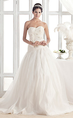 A-line Sweetheart Court Train Organza Wedding Dress