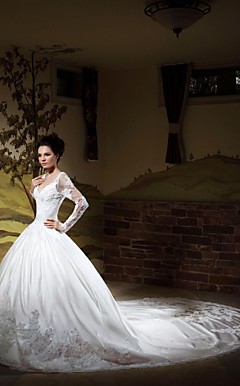 Ball Gown V-neck Long Sleeves Chapel Train Satin Wedding Dress