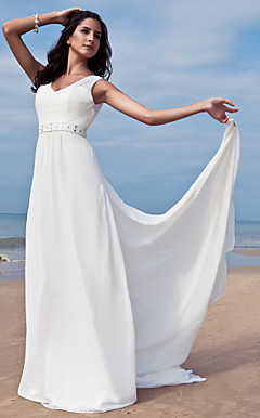 Sheath/Column V-neck Floor-length Chiffon Wedding Dress With Removable Train