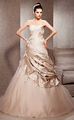 A-line Strapless Court Train Satin And Tulle Wedding Dress