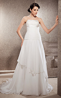 A-line Strapless Court Train Chiffon Wedding Dress