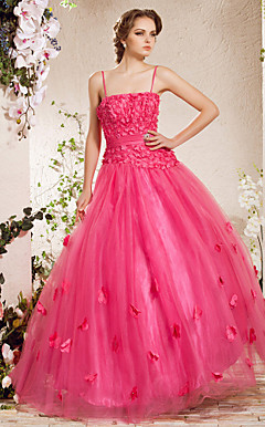 A-line Spaghetti Straps  Floor-length Satin  Tulle Evening Dress
