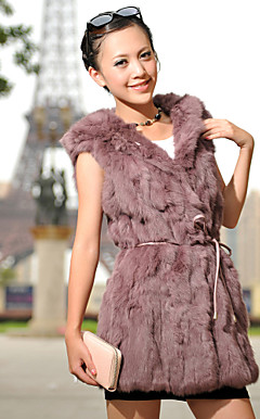 Rabbit Fur Clasp Front Party/Casual Hooded Vest With Belt (More Colors)