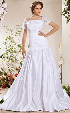 A-line Square Chapel Train Satin Weeding Dress