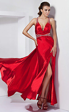 Sheath/ Column V-neck Sweep/ Brush Train Stretch Satin Evening Dress