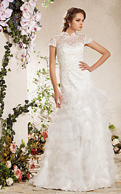 A-line High Neck Floor-length Lace Organza  Weeding Dress