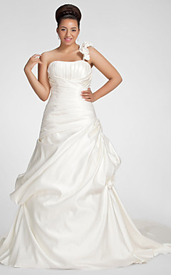 A-line One Shoulder Chapel Train Satin Plus Size Wedding Dress