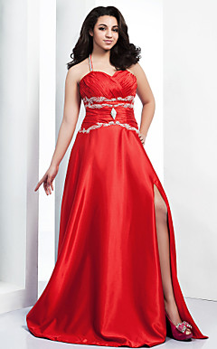 A-line Halter Floor-length Stretch Satin Evening Dress