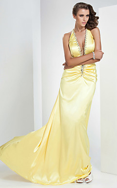 A-line V-neck Sweep/Brush Train Stretch Satin Evening Dress