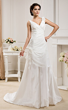 A-line V-neck  Court Train Taffeta  Wedding Dress
