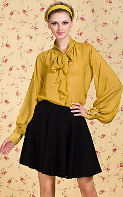 ts vintage rutemønster puff ermet bue chiffon skjorte