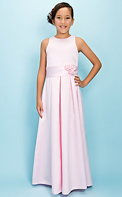 A-line Jewel Floor-length Satin Junior Bridesmaid Dress