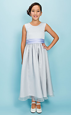 A-line Jewel Tea-length Organza Satin Junior Bridesmaid Dress