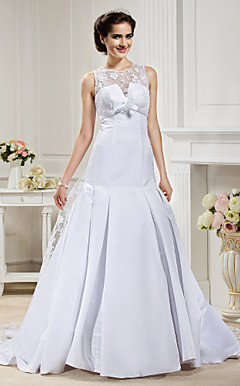 A-line Jewel  Chapel Train Lace And Satin Wedding Dress