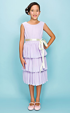 Sheath/Column Jewel Tea-length Chiffon Junior Bridesmaid Dress