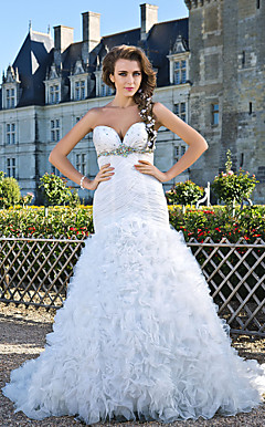 Trumpet/Mermaid Sweetheart Strapless Chapel Train Taffeta And Organza Crystal Detailing Wedding Dress