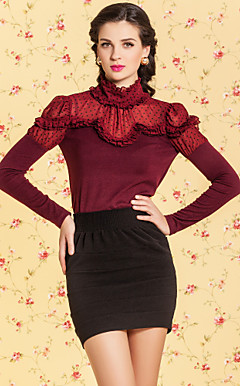 ts do vintage pescoço alto bolinhas chiffon costura superior Jersey