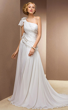 A-line Princess One Shoulder Court Train Chiffon And Stretch Satin Wedding Dress