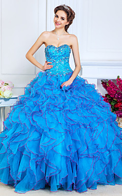 Ball Gown Sweetheart Floor-length Organza Evening Dress With Beading|Cascading Ruffles