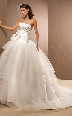 Ball Gown Strapless Chapel Train Satin And Taffeta Criss-Cross Wedding Dress