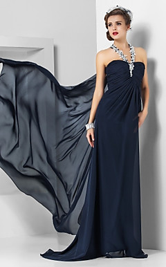 Sheath/Column Halter Sweep/Brush Train Chiffon Evening Dress
