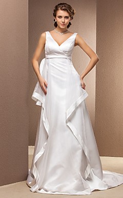 A-line V-neck Court Train Satin And Organza Wedding Dress