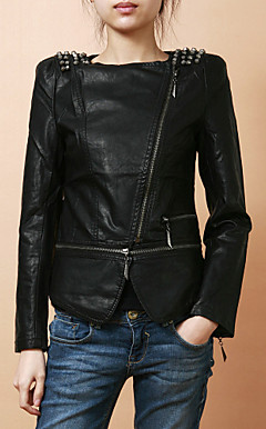 Stylish Long Sleeve Collarless PU With Zipper Party/Office Jacket