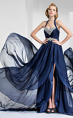 A-line Halter Court Train Satin And Chiffon Evening Dress