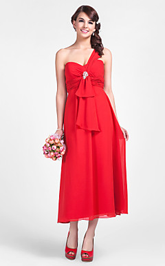 bainha / coluna de um ombro chá de comprimento chiffon vestido de dama de honra