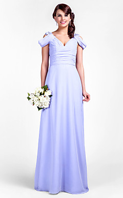schede / column v-hals vloer-length chiffon bruidsmeisje jurk