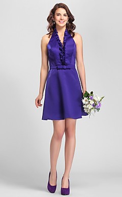 A-line Halter Knee-length Satin Bridesmaid Dress