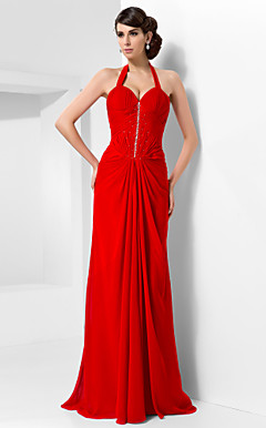 Sheath/Column Halter Sweep/Brush Train Chiffon Evening Dress