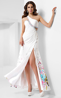 a-line den ene skulder gulvlange satin chiffon aften kjole