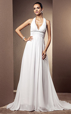 Sheath/Column V-neck Court Train Chiffon Wedding Dress