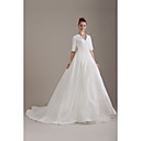 A-line / Princess Chapel Train Taffeta Tulle Ruffles  T-shirt Sleeve Wedding Dress (WSM0394)