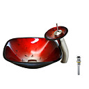 Victory Rectangular Red Tempered glass Vessel Sink and Waterfall Faucet, Water Drain(0917-VT4044)