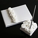 Wedding Guest Book and Pen Set With  Decorative White Silk Roses