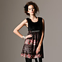 Rabbit Hair Printed Brooch V Neckline Dress / Women's Dresses (FF-F-BL0736005)