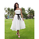 A-line Strapless Tea-length Chiffon Over Elastic Woven Satin Wedding Dress with Ribbon