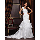 Trumpet/Mermaid One Shoulder Chapel Train Satin Taffeta Wedding Dress With 3D Floral