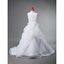 A-line Jewel Court Train Organza Over Satin Flower Girl Dress