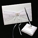 Wedding Guest Book and Pen Set in White Satin With Rhinestone Accents