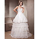 A-line V-neck Sweep/Brush Train Lace Taffeta Wedding Dress