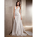 A-line V-neck Chapel Train Lace Chiffon Wedding Dress
