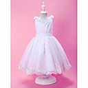 A-line V-neck Tea-length Organza And Satin Flower Girl Dress With Buttons