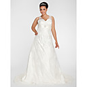 A-line V-neck Chapel Train Lace Plus Size Wedding Dress