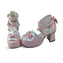 Pink PU Leather 7.5cm High Heel White Trimming Lace Sweet Lolita Shoes with Bow