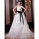 Ball Gown Strapless Chapel Train Organza Satin Wedding Dress